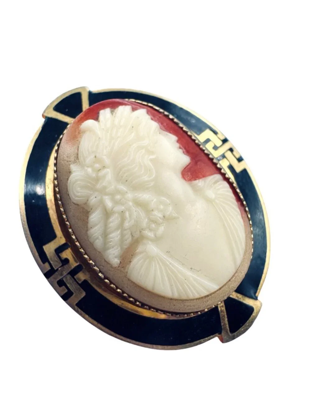 Vintage Cameo Art Deco Brooch 12k GF Frame Greek Key Border Gold w/ Black Enamel